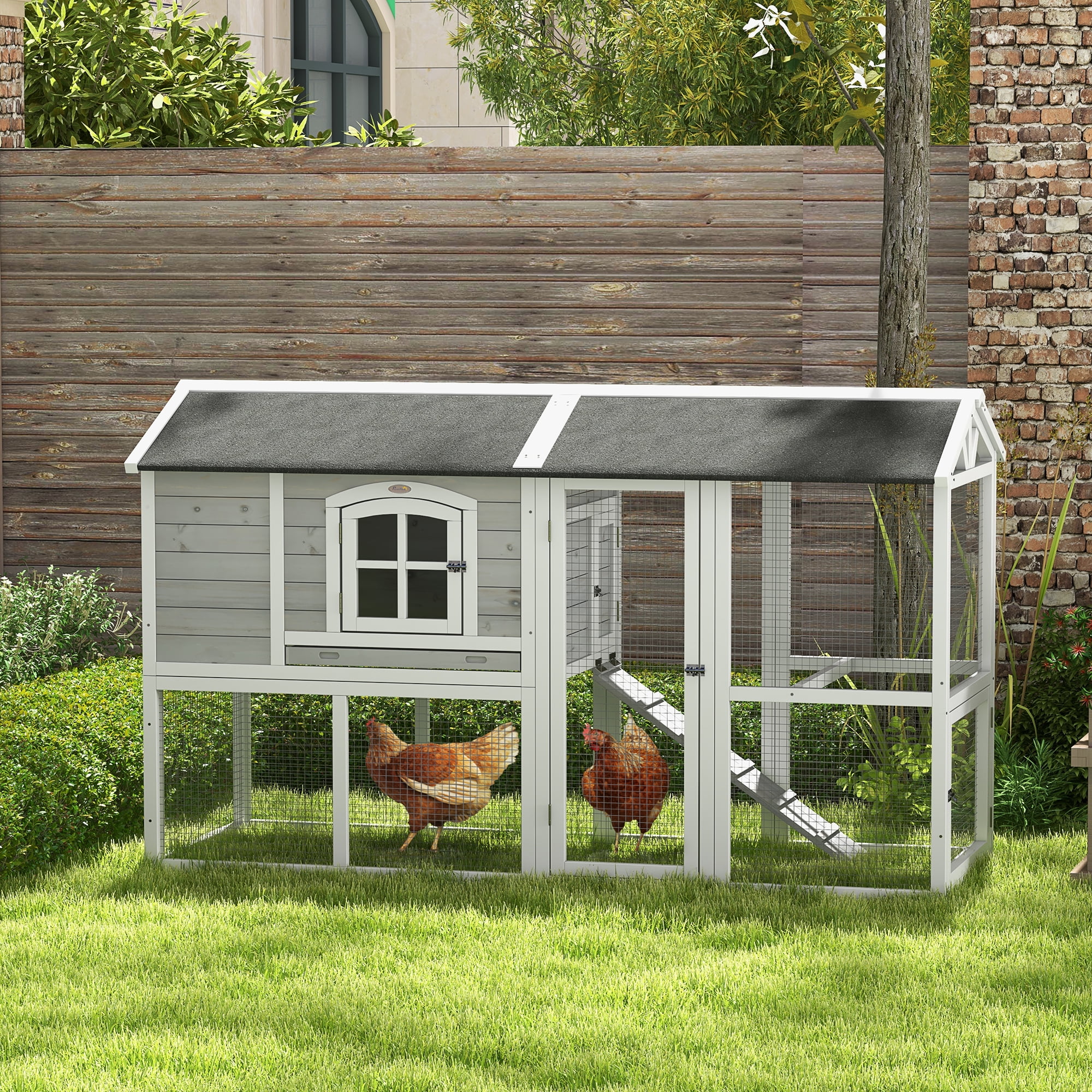 Light Gray Wooden Chicken Coop with Run and Nesting Box