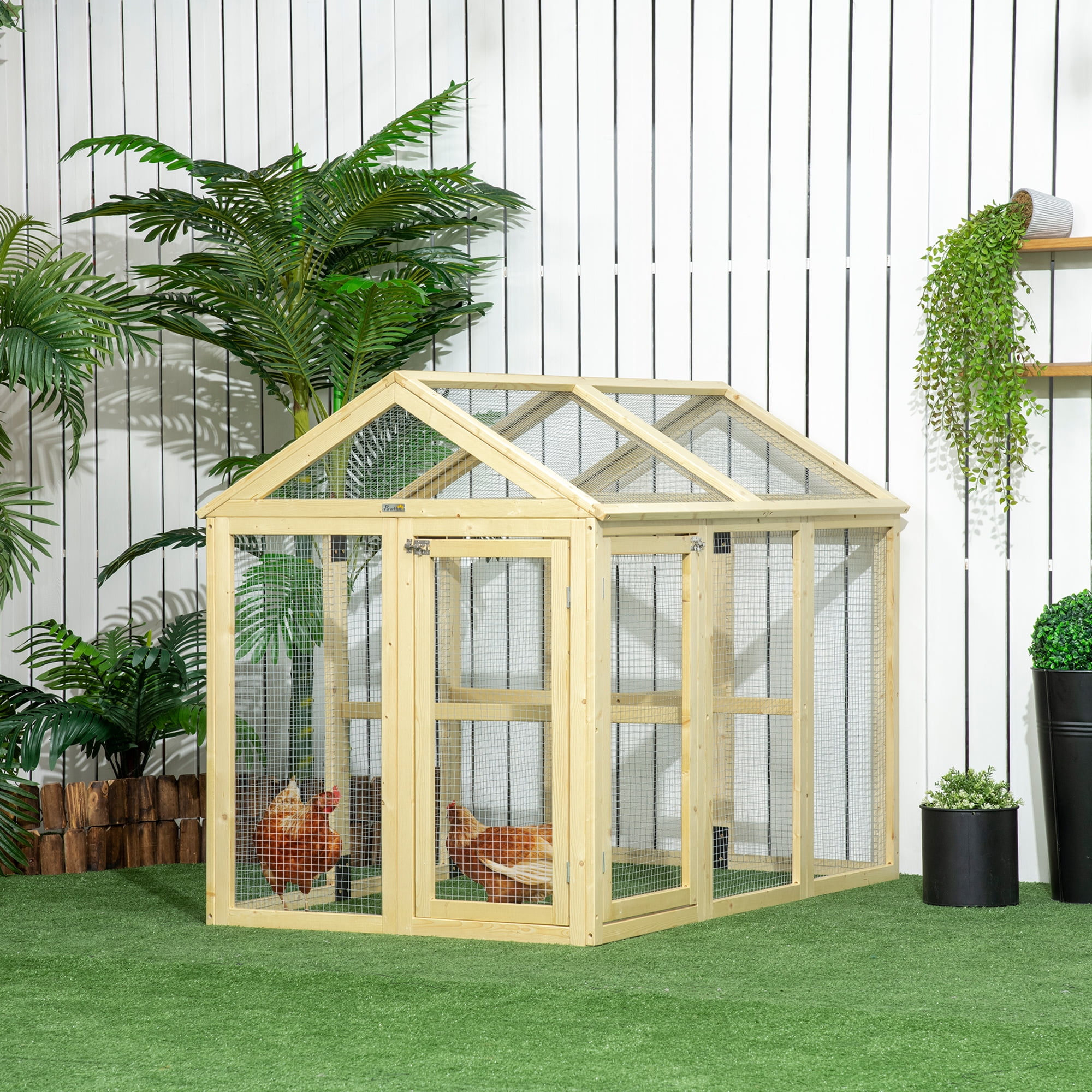 Natural Wood Large Chicken Coop with Spacious Run and Perches