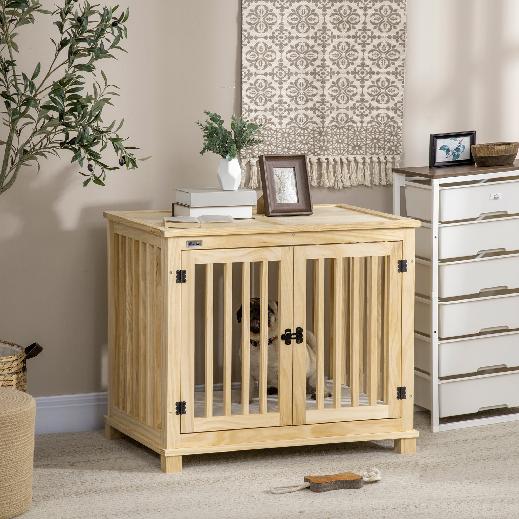 PawHut Wooden Dog Crate Furniture with Soft Cushion, Dog Crate End ... - Cozy Indoor Pet Crate