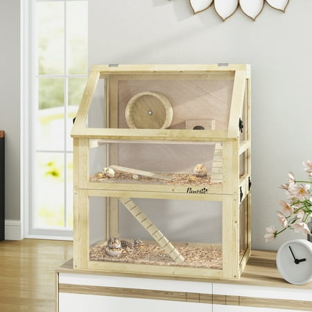 PawHut Wooden Hamster Cage, 3 Tier Small Animal Cage with Detachable 12.6" Deep Bottom, Hut, Seesaw, Exercise Wheel, Ramps, for Dwarf, Gerbil, Mouse