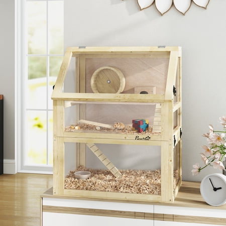 PawHut Wooden Hamster Cage, 3 Tier Small Animal Cage with Detachable 12.6" Deep Bottom, Hut, Seesaw, Exercise Wheel, Ramps, for Dwarf, Gerbil, Mouse