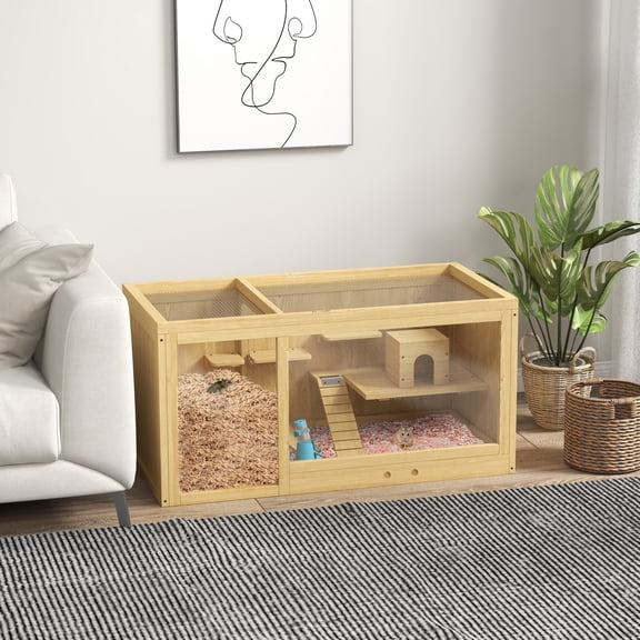 PawHut Wooden Hamster Cage, Extra Large Gerbil Cage Activity Center for Dwarf Hamster with Pull-Out Tray, Seesaws, Water Bottle, Ladder