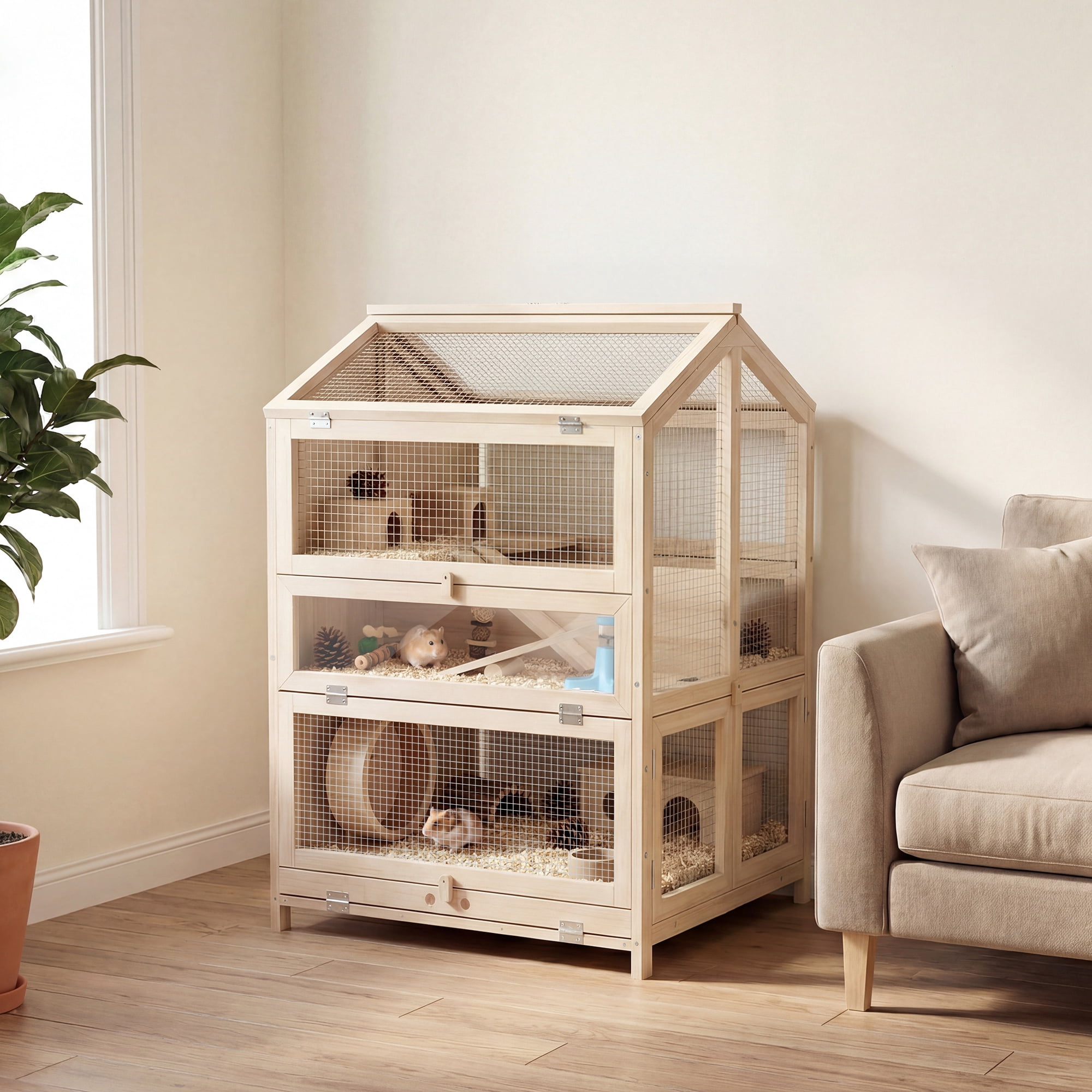 PawHut Wooden Hamster Cage, Large 3 Tier Hamster Cage with Pull-Out Tray, Hut, Seesaws, Ramps, 26.8" L x 24.2" W x 35.4" H