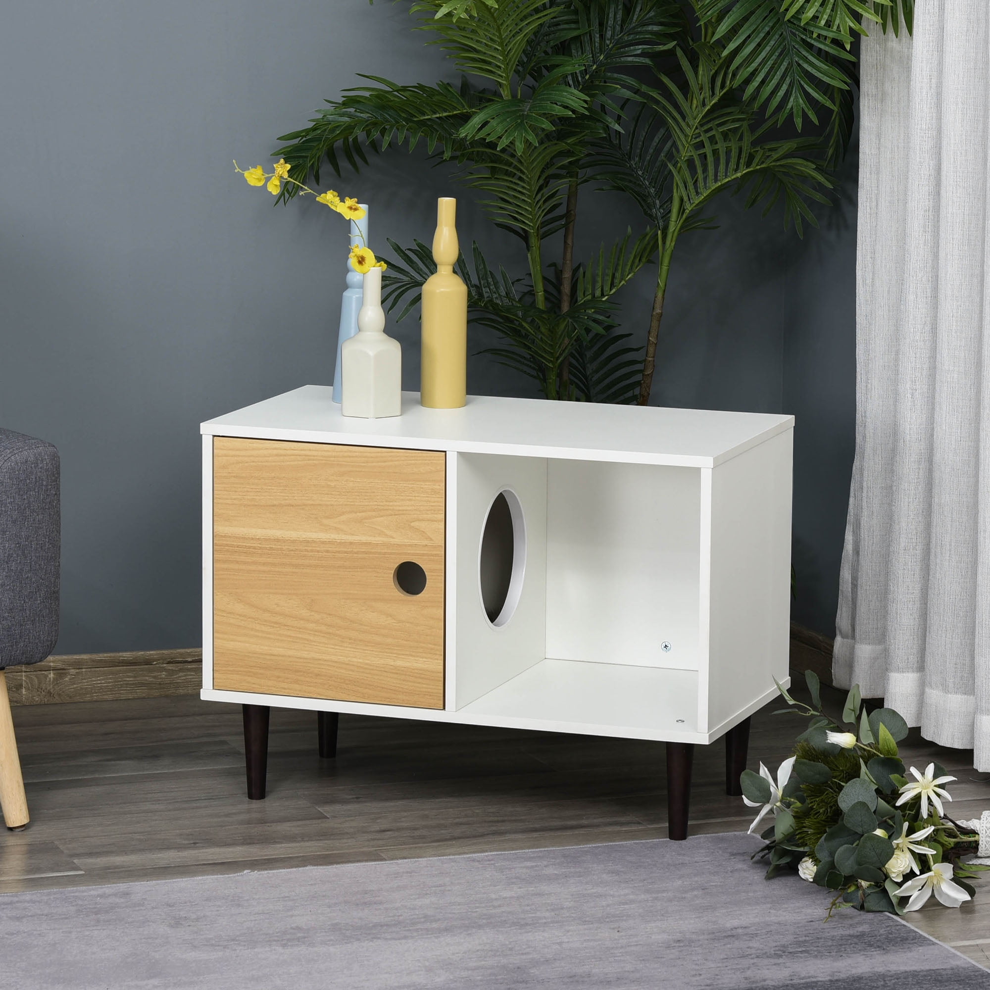 White and Light Brown Particleboard Cat Litter Box Enclosure with Pinewood Legs