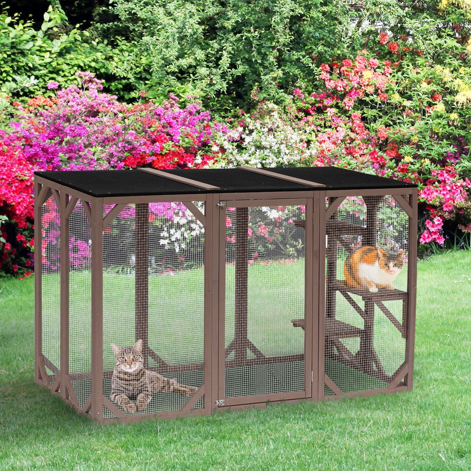 PawHut Wooden Outdoor Cat House Catio Kitten Enclosure Indoor Cage with Asphalt Roof, Multi-Level Platforms and Large Enter Door - 71"L, Brown