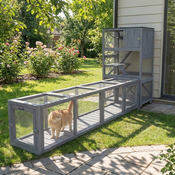 PawHut Wooden Outdoor Cat Tunnel Toy W/ Entrances, Cat Tube, Dark Gray