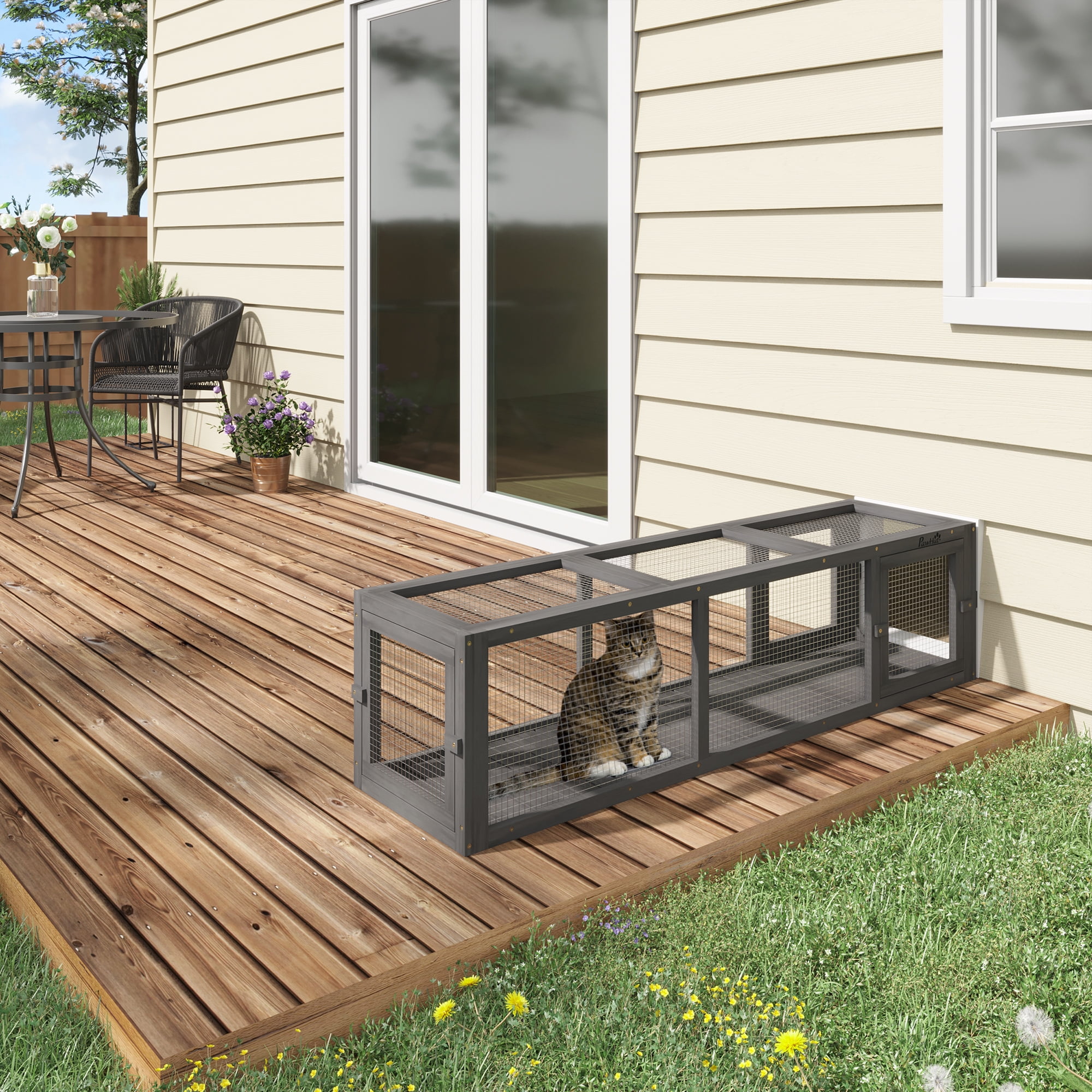 PawHut 59 in. Long Cat Tunnel Wooden Outdoor Cat Tunnel House with Weather Protection Cat Tube Toy Enclosure