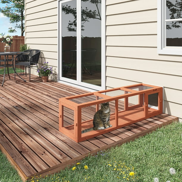PawHut 59 in. Long Cat Tunnel Wooden Outdoor Cat Tunnel House with Weather Protection Cat Tube Toy Enclosure