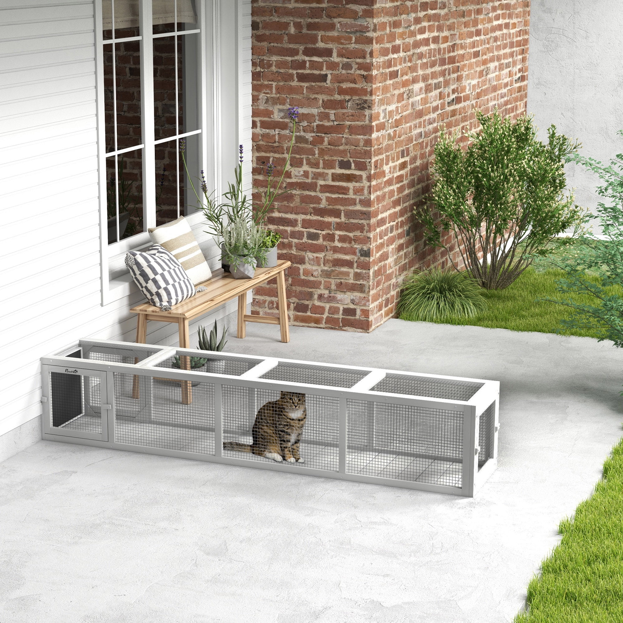 PawHut Wooden Outdoor Cat Tunnel Toy W/ Entrances, Cat Tube, White