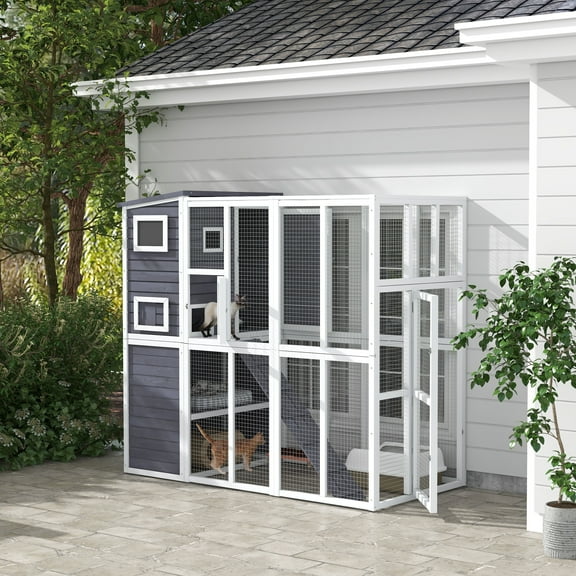 PawHut Wooden Outdoor Catio with Platforms, Asphalt Roof, Ramps, Light Gray