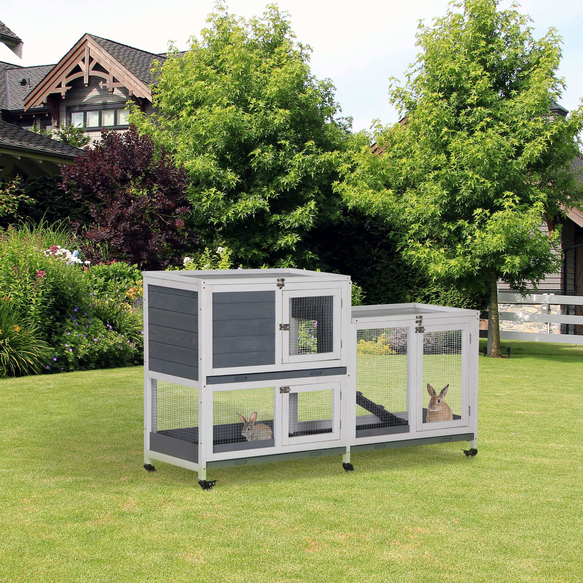 PawHut Wooden Rabbit Hutch Bunny Hutch Elevated Pet House Cage Small Animal Habitat with Tray Door Openable Top for Indoor 57.75" x 18" x 32.5" Gray
