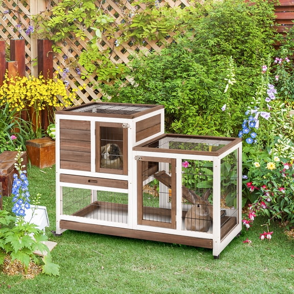 PawHut Wooden Rabbit Hutch Elevated Bunny Cage Indoor Small Animal Habitat with Enclosed Run with Wheels, Ramp, Removable Tray Ideal for Guinea Pigs, Brown