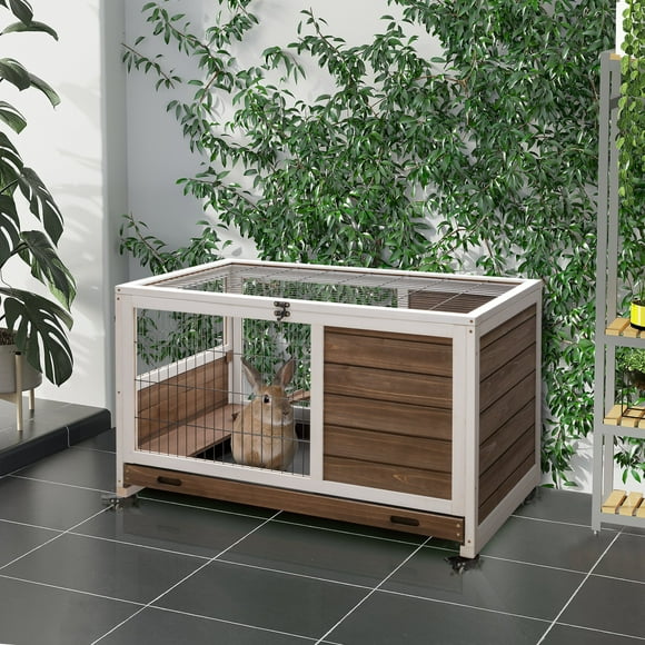 PawHut Wooden Rabbit Hutch Indoor Elevated Cage Habitat with No Leak Tray Enclosed Run with Wheels, Ideal for Rabbits and Guinea Pigs, Brown