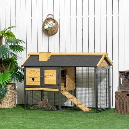 PawHut Wooden Rabbit Hutch Outdoor with Run, Bunny Cage with Removable Tray