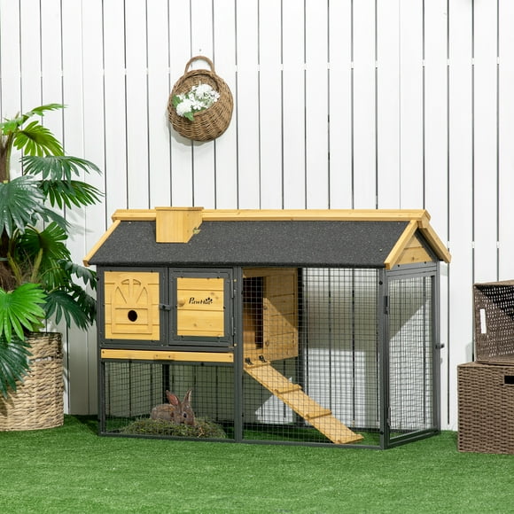 PawHut Wooden Rabbit Hutch Outdoor with Run, Bunny Cage with Removable Tray