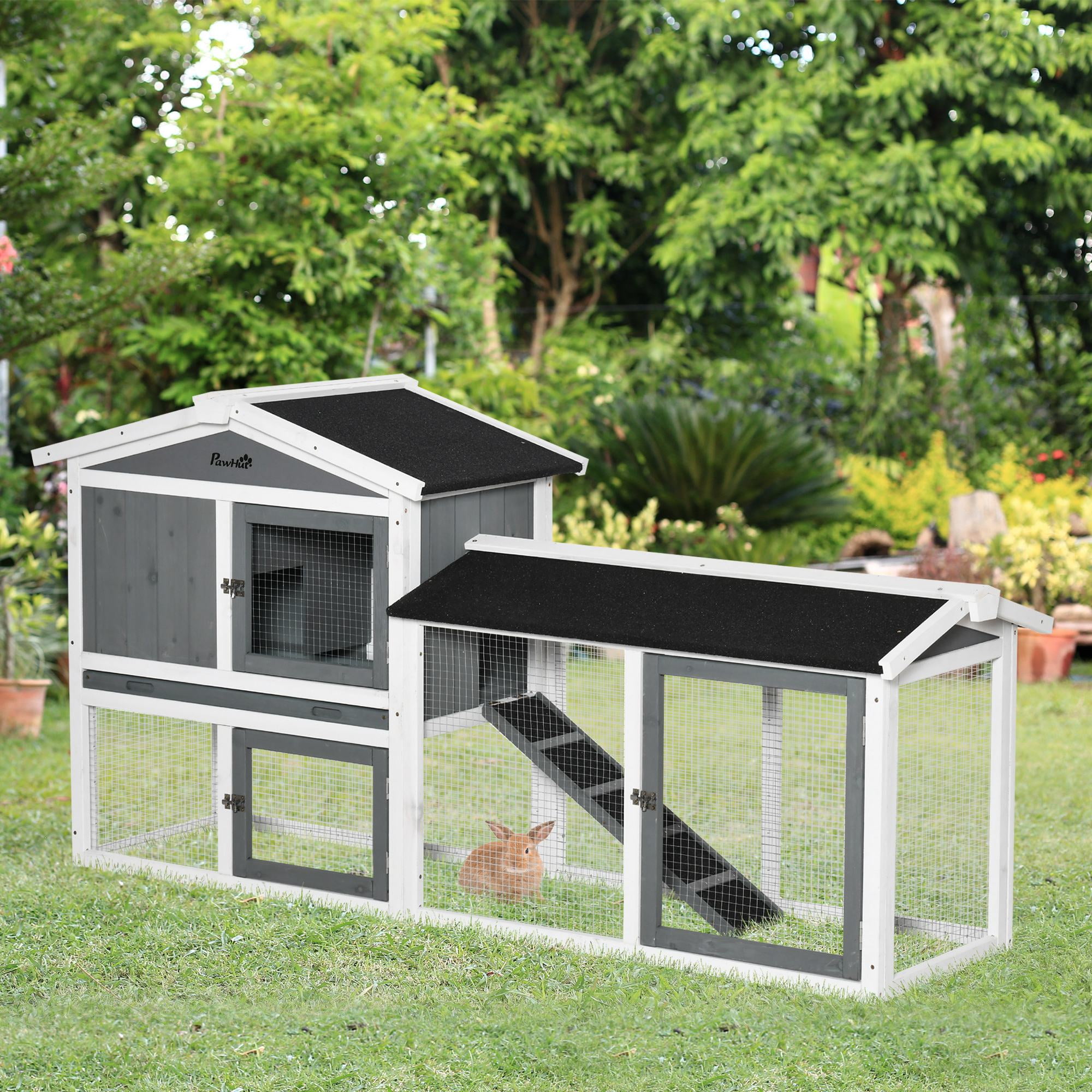 White and Gray Wooden Rabbit Hutch with Run and Ramp