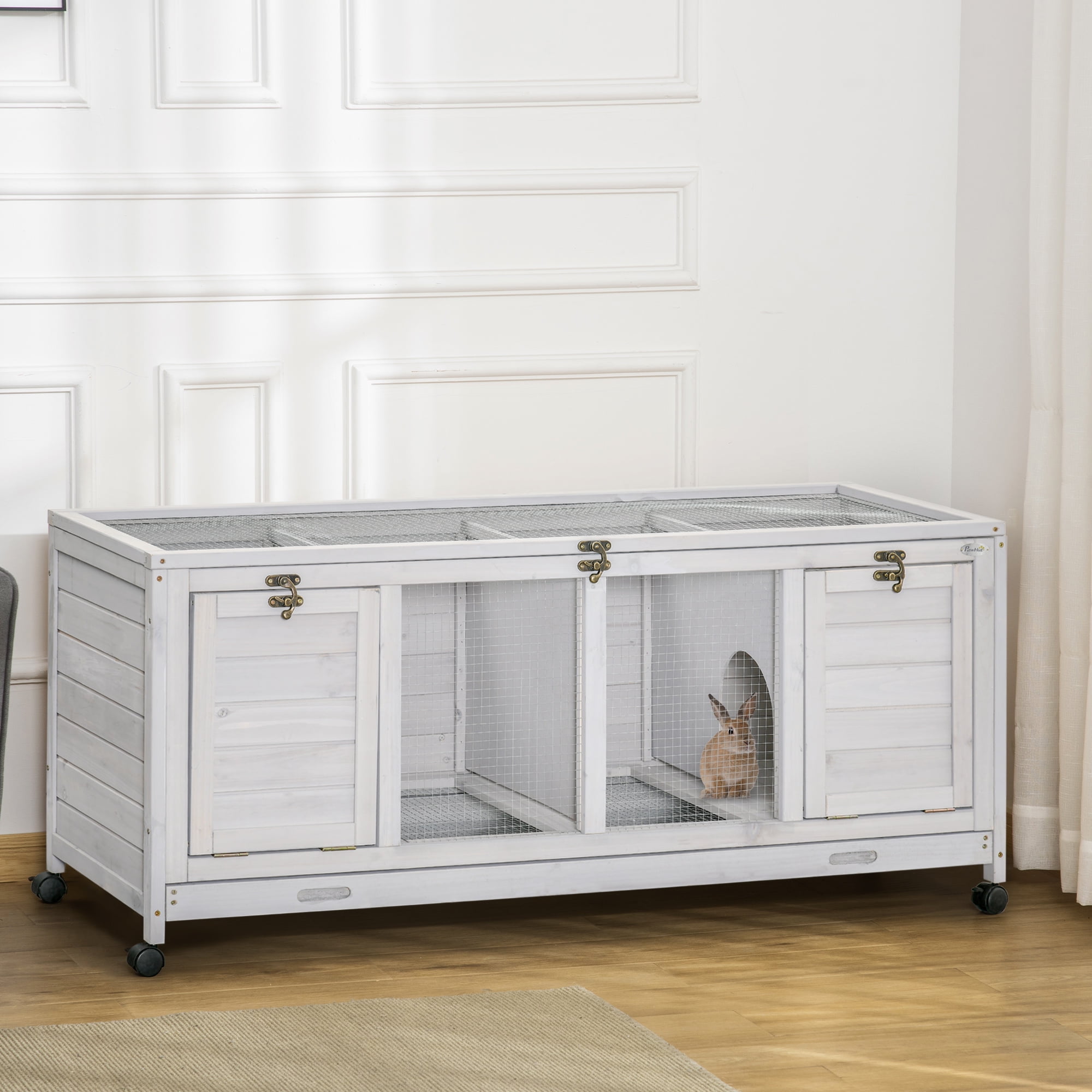 Light Gray Wooden Rabbit Hutch with Wheels and Dividers