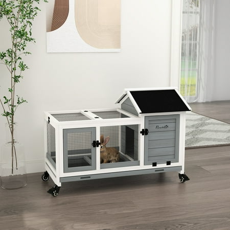PawHut Wooden Rabbit Hutch with Wheels for Small Animals, Guinea Pig, Gray
