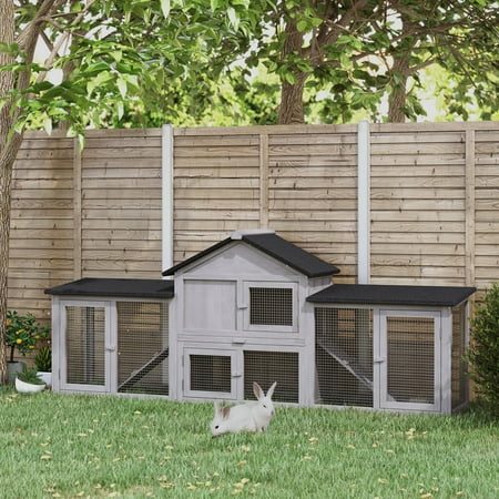 PawHut Wooden Rabbit Playpen with Lockable Doors Roof 83" L x 18" W x 33" H