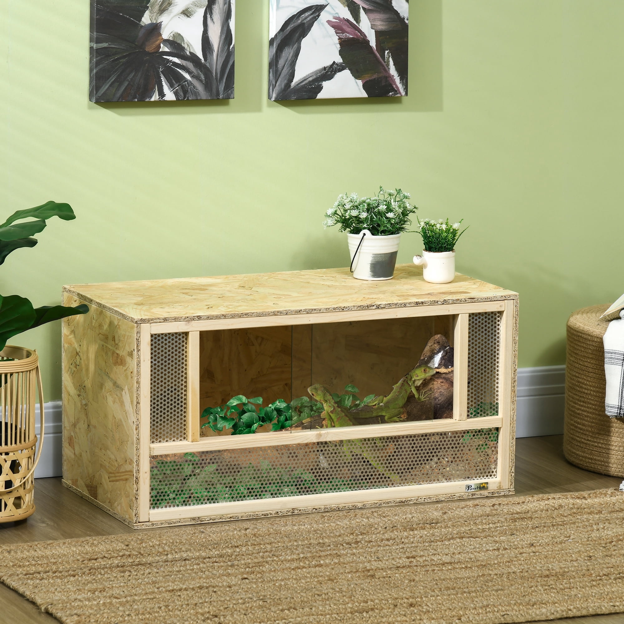 PawHut Reptile Terrarium, Wooden Reptile Tank 31.5 x 15.7 x 15.7 with Sliding Door for Chameleon, Lizard, Snake, Frog, Turtle, 33.8 Gallon
