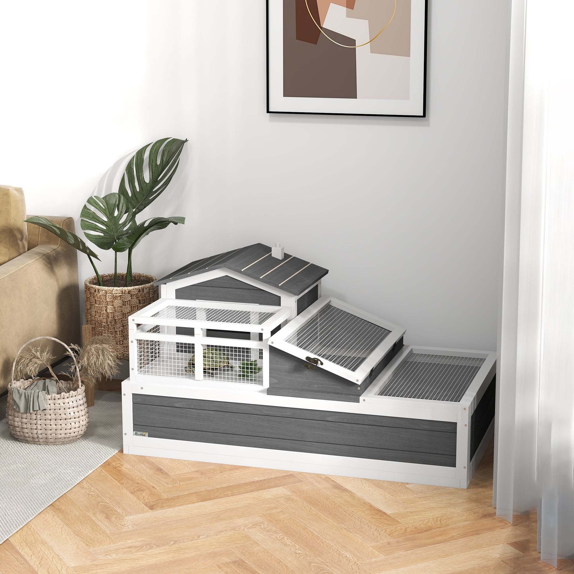Storm Gray Wooden 3-Room Tortoise Habitat with Balcony