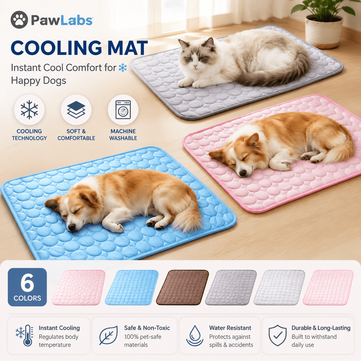 PawLabs Cooling Mat for Dogs – Gel-Infused Pet Mat for Instant Cooling, Portable & Reusable, Indoor & Outdoor Crate & Floor Pad, Multiple Colors