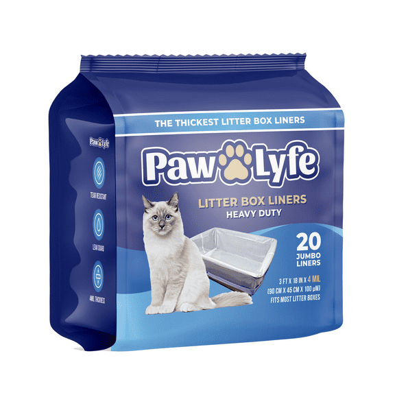 PawLyfe Litter Box Liners: Heavy Duty - Thickest Litter Liner on the Market 4MIL - Tear & Leak Resistant - Drawstring Close - Jumbo, 36” x 18” - 20 Count Jumbo Size Draw String Litter Liners for Cats