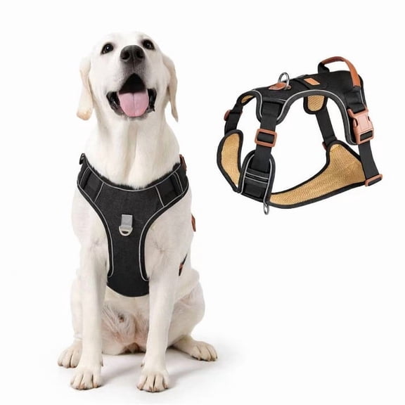 PawWave No Pull Denim Dog Harness with Car Safety Leash Set, Adjustable Reflective Pet Vest for Small Medium Large Dogs