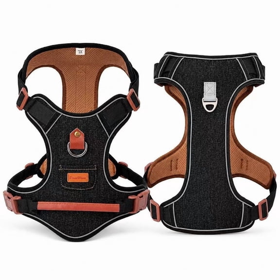 PawWave No Pull Denim Dog Harness with Car Safety Leash Set, Adjustable Reflective Pet Vest for Small Medium Large Dogs