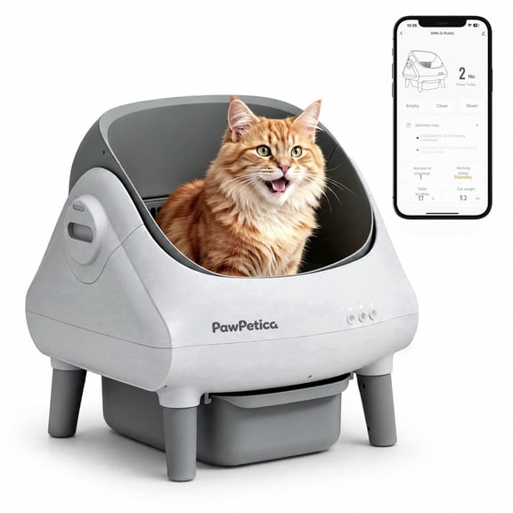 PawPetica Automatic Cat Litter Box Self-Cleaning with Safety Protection, Fragrance Box and Trash Bags Included, Gray