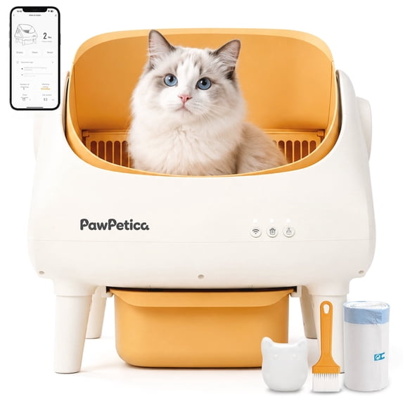 PawPetica Open-Top Self-Cleaning Cat Litter Box – Large Waste Drawer,Includes Trash Bags & Fragrance Box,Summer Yellow