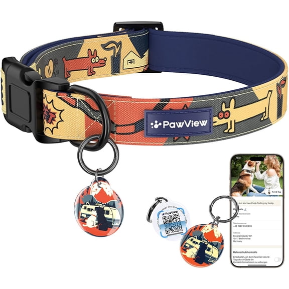 PawView Dog Collar Retro Print, QR Tag Adjustable Pet Collar, Soft Neoprene Padded, Quick Release Buckle, No Pull Metal D-Ring for Small Medium Large Dogs Every Day Use (Dark Blue, L)