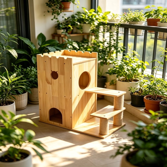 PawWood Cat House Castle Large - Cat Apartment Homes Indoor - For sleeping & playing - Pine Wooden