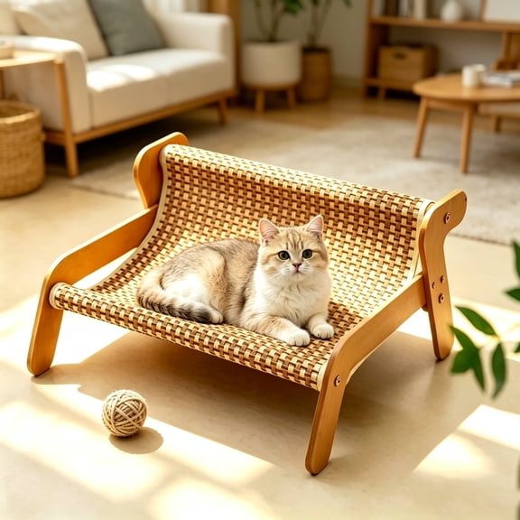 PawWood Large Cat Sofa Bed, Rattan Frame Cat Lounge Chair, Scratch Resistant Cat Furniture Mat, Indoor Kitten Rest Couch with Stable Wood Base, Pet Sleeping Sofa for Small Medium Cats
