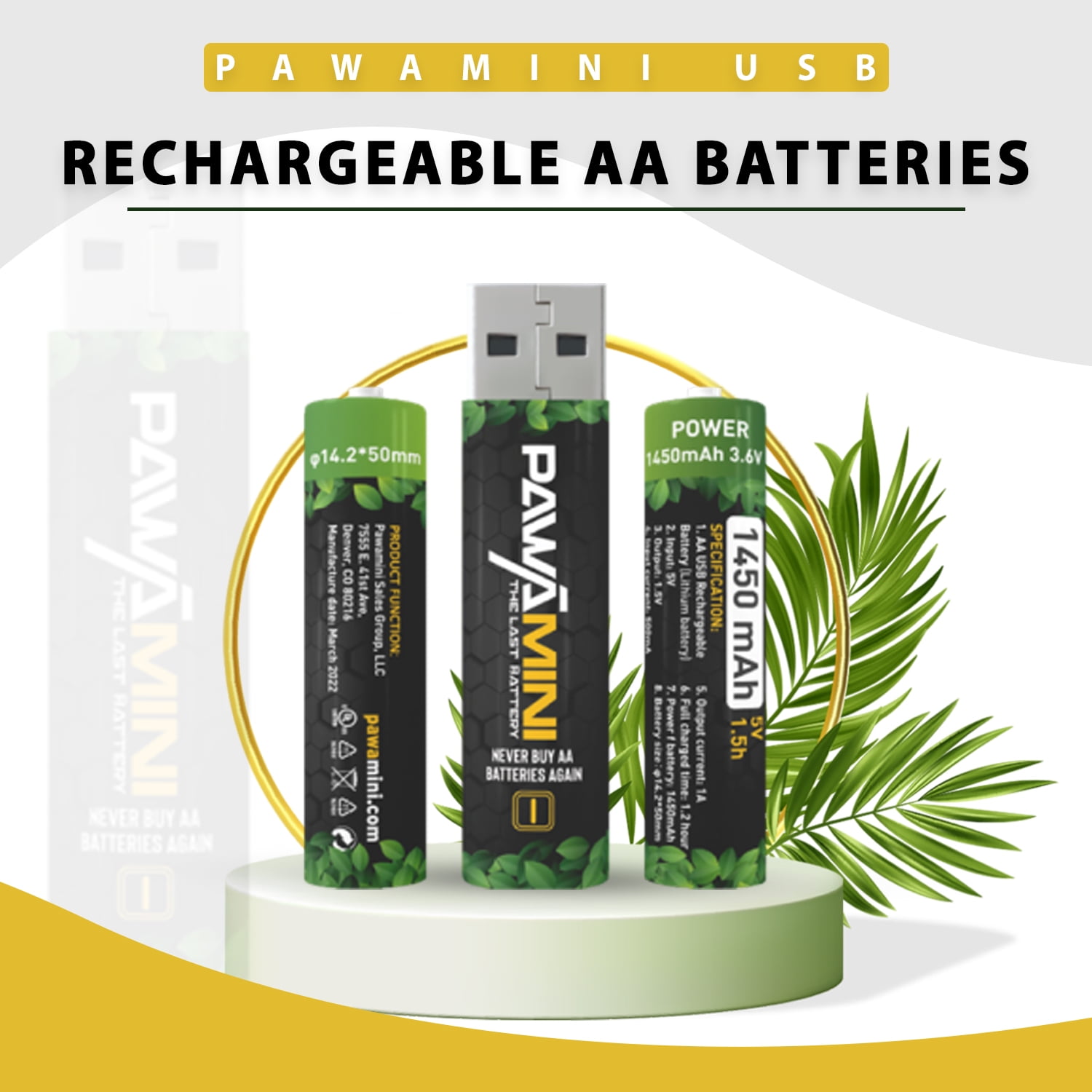 Pawa Cell - Rechargeable Long Lasting AA Batteries - 4 Pack, 1.5V, 1450 mAh by Pawamini