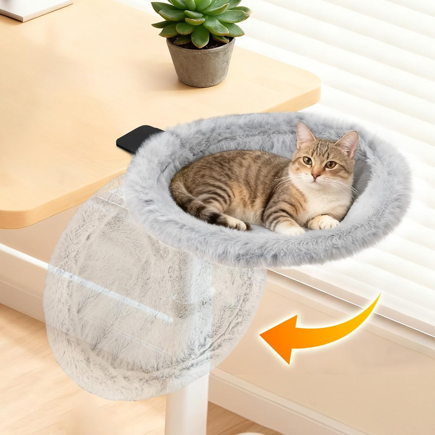 Pawaboo Cat Desk Bed, Sunken Cats Hammock with Steel Clamp Hold up to 40lbs, One-click Foldable Cat Side Table Beds with Soft Plush, Reversible & Washable Hanging Cats Bed for Game Office Home Deskto