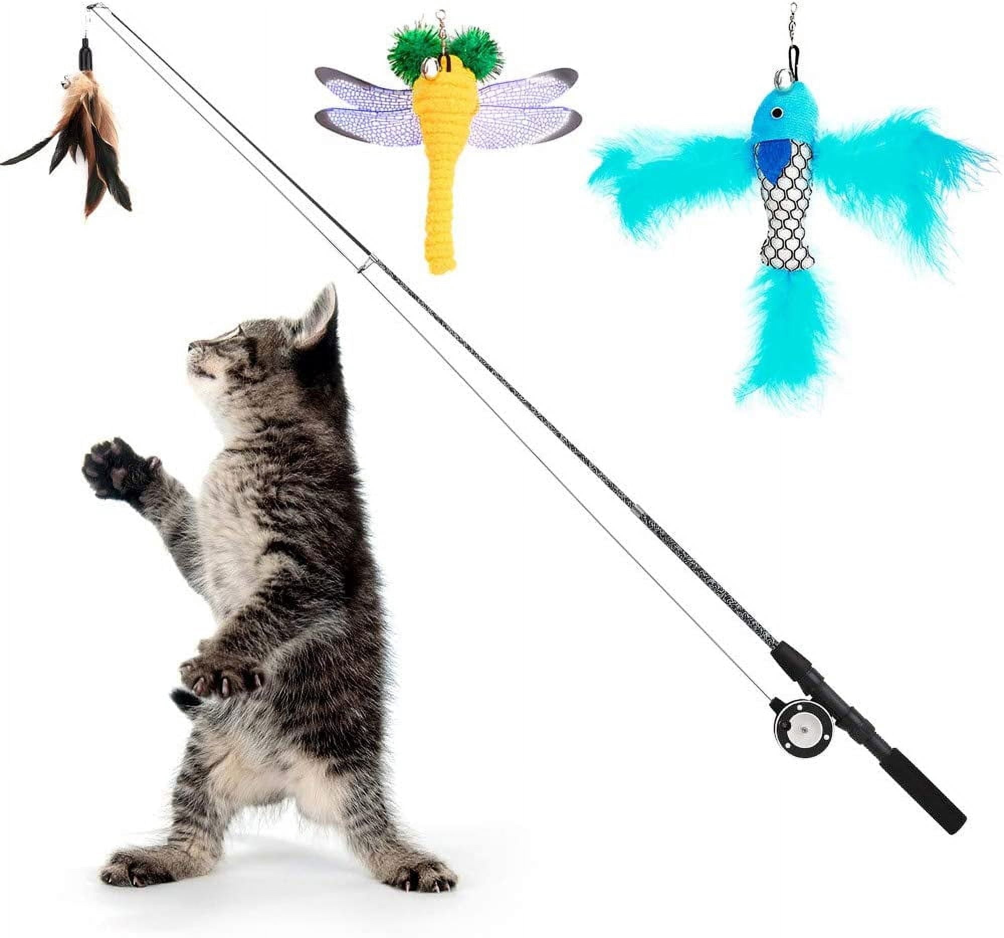 Pawaboo Cat Feather Toys, 4 Pack Interactive Cat feather Teaser Wand Toys, Retractable Fishing Pole Wand Catcher Exerciser with Refill Fish, Dragonfly Worm with Bells, Fun Cat Kitty Playing Toy