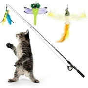 Pawaboo Cat Feather Toys, 4 Pack Interactive Cat Feather Teaser Wand Toys, Retractable Fishing Pole Wand Catcher Exerciser with Refill Fish, Dragonfly Worm with Bells, Fun Kitten Kitty Toy, Colorful
