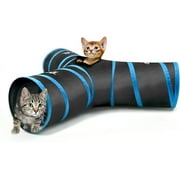 Pawaboo Cat Toys, Cat Tunnel Tube 3-Way Tunnels 25x53cm Extensible Collapsible Cat Play Tent Interactive Toy Maze Cat House Bed with Balls and Bells for Cat Kitten Kitty Rabbit Small Animal, Blue