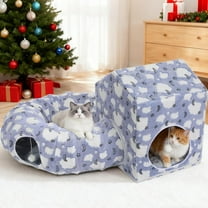 Pawaboo Cat Tunnel Bed, Cat Donut Tube with Square House, Soft Plush Cats Cave Tunnels with Washable Cushions, Foldable Kitten Bed Hideout with Fluffy Balls for Indoor Cats Rabbit Ferret, Blue   Whit