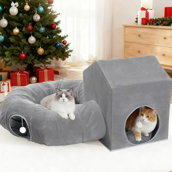 Pawaboo Cat Tunnel Bed, Cat Donut Tube with Square House, Soft Plush Cats Cave Tunnels with Washable Cushions, Foldable Kitten Bed Hideout with Fluffy Balls for Indoor Cats Rabbit Ferret, Dark Gray