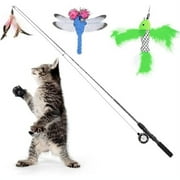 Pawaboo Cat Wand Toy, 4 Pack Feather Cat Toy,Dragonfly with Bells, Fun for Cat Kitty Toy,Green