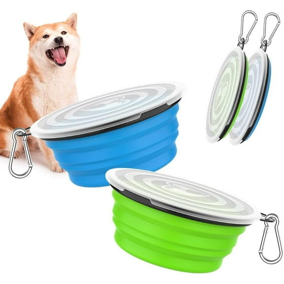 Pawaboo Collapsible Dog Bowls 2 Pack, Silicone Feeding Watering Bowls with Lids & Carabiners for Dogs Cats, Portable Water Feeder Food Bowl for Walking Traveling Home Use, 1000ml, Blue   Green