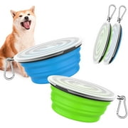 Pawaboo Collapsible Dog Bowls 2 Pack, Silicone Feeding Watering Bowls with Lids & Carabiners for Dogs Cats, Portable Water Feeder Food Bowl for Walking Traveling Home Use, 1000ml, Blue + Green