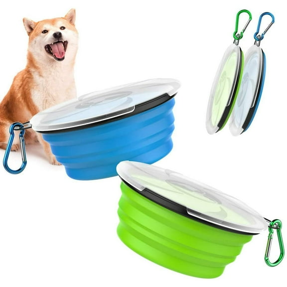 Pawaboo Collapsible Dog Bowls 2 Pack, Silicone Feeding Watering Bowls with Lids & Carabiners for Dogs Cats, Portable Water Feeder Food Bowl for Walking Traveling Home Use, 450ml, Blue + Green