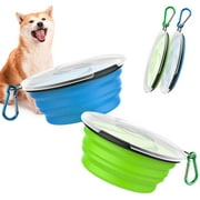 Pawaboo Collapsible Dog Bowls 2 Pack, Silicone Feeding Watering Bowls with Lids & Carabiners for Dogs Cats, Portable Water Feeder Food Bowl for Walking Traveling Home Use, 450ml, Blue + Green