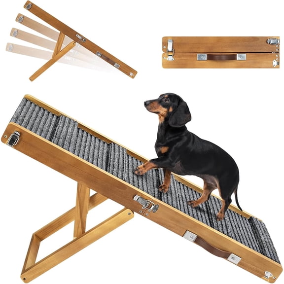 Pawaboo Foldable Dog Ramp for Couch, Small Dog Ramp for Bed Pet Ramps for Small Dogs, 4 Adjustable Height from 13.6" to 21", Stable Pet Steps with Non-Slip Pad, Use for Low Bed Couch Stairs, Walnut