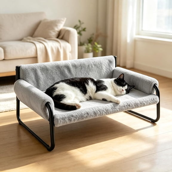 Pawaboo Elevated Cat Hammock Bed – Reclined Backrest & Sturdy Metal Frame, Fluffy Sofa with Removable Washable Cover, Comfort Pet Chair for Indoor Kittens & Cats at Home, Gray
