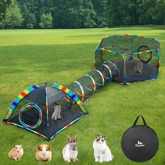 Pawaboo Rainbow Outdoor Cat Enclosures for Cats Indoor, Patio Portable Mesh Cat Tent, Tunnel with Free Carry Bag & Metal Rod for Multiple Small Animals, Includes Playpen+Tent+Pet Tunnel, Rainbow