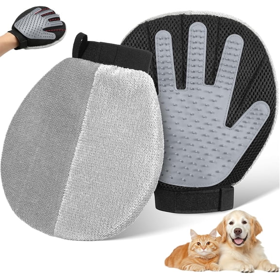 Pawaboo Pet Hair Removal Glove, Dual-Side Electrostatic Hair Removal & Silicone Fur Brush for Dogs and Cats, Reusable Five-Finger Pet Fur Grooming Glove for Couch Carpet Clothes Laundry, Gray